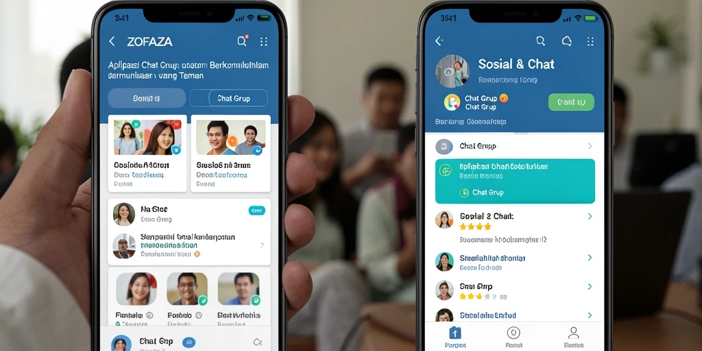 Tampilan antarmuka ZOFAZA untuk grup chat dengan fitur menarik.